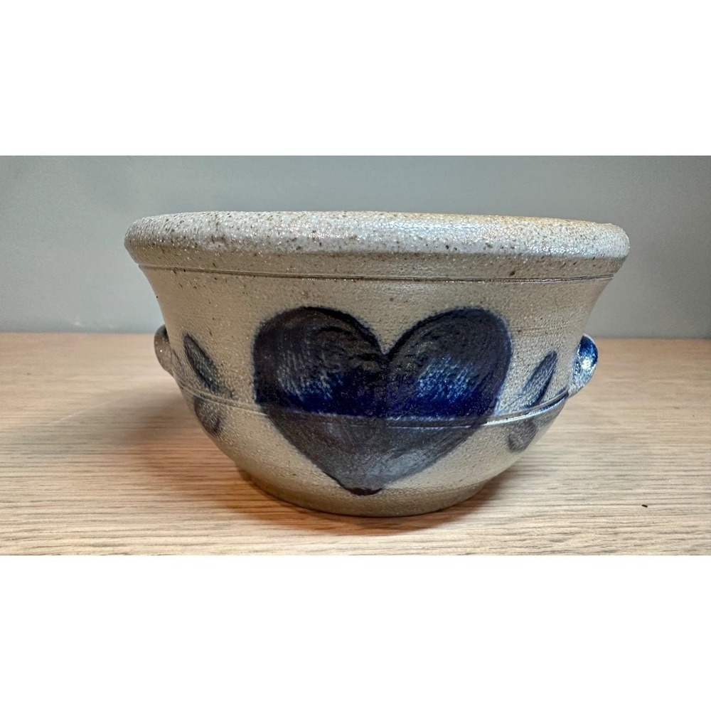 Rowe Pottery Works 1988 Mini Stoneware Crock Bowl Heart Cobalt Blue